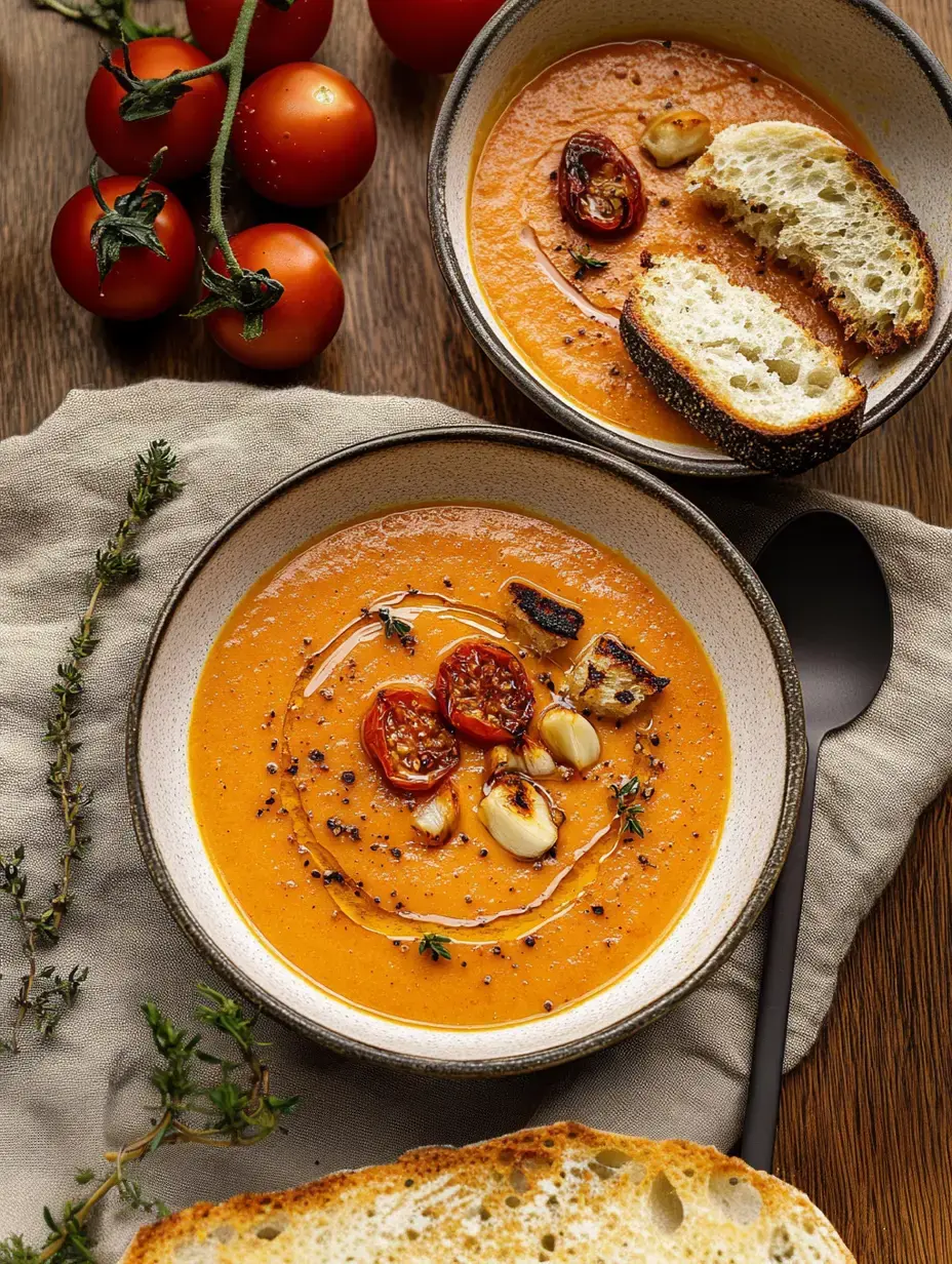 Two bowls of vibrant tomato soup garnished with roasted garlic, thyme, and cherry tomatoes, served with slices of crusty bread, alongside fresh tomatoes on a wooden surface.