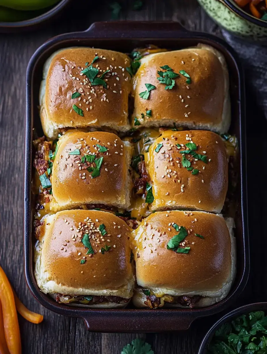 A close-up view of a baking dish containing six sesame-topped sandwich rolls filled with meat and cheese, garnished with fresh parsley.