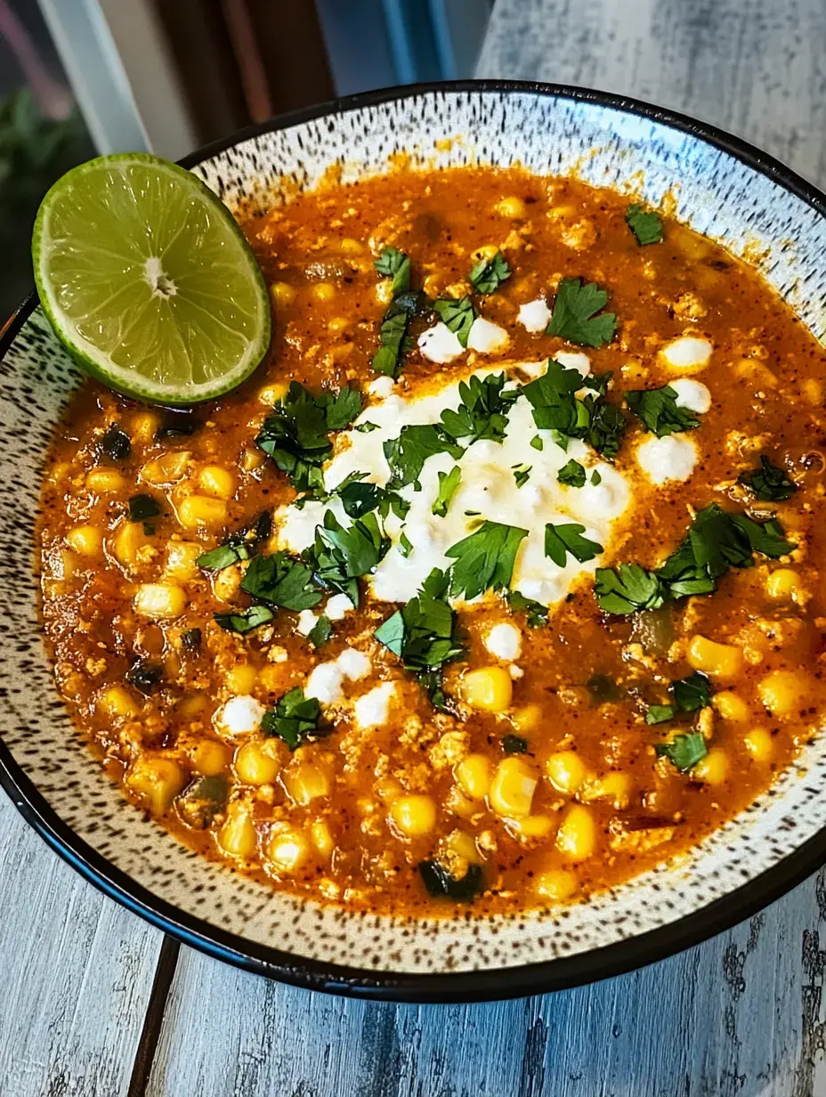 A bowl of spicy corn soup garnished with fresh cilantro, white cheese, and a lime wedge.