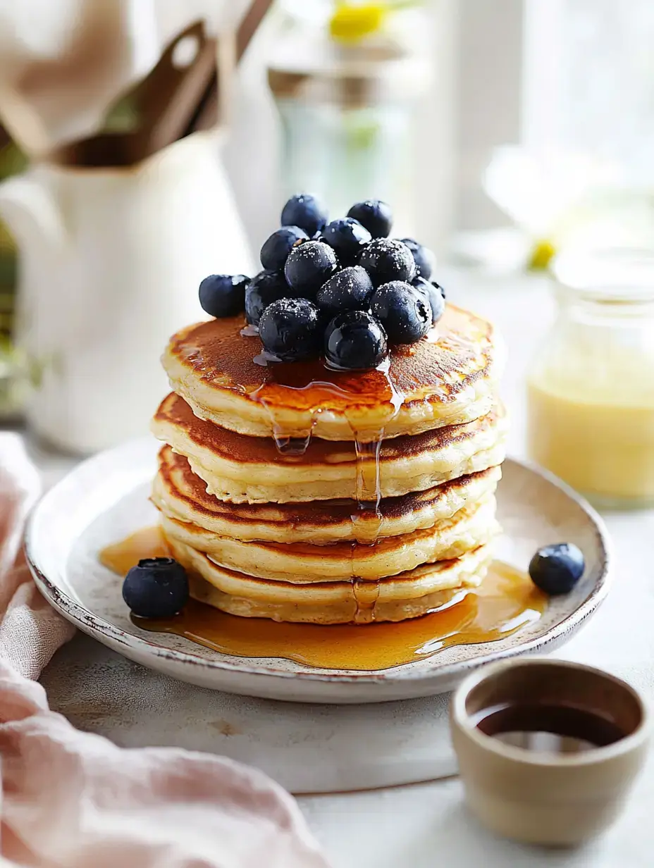 A stack of fluffy pancakes topped with fresh blueberries and drizzled with syrup, served on a plate.