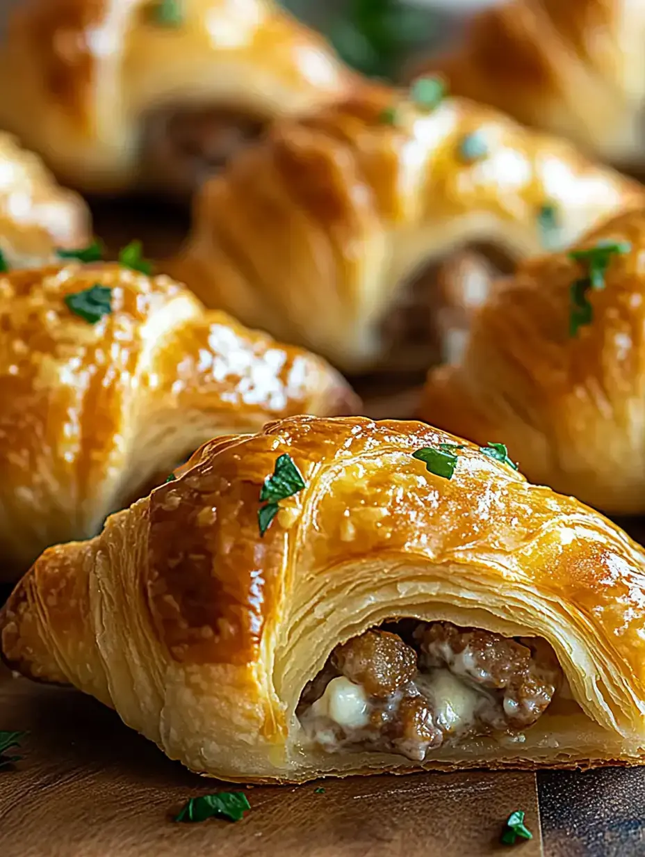 A freshly baked croissant filled with savory meat and cheese sits on a wooden surface, garnished with chopped parsley.