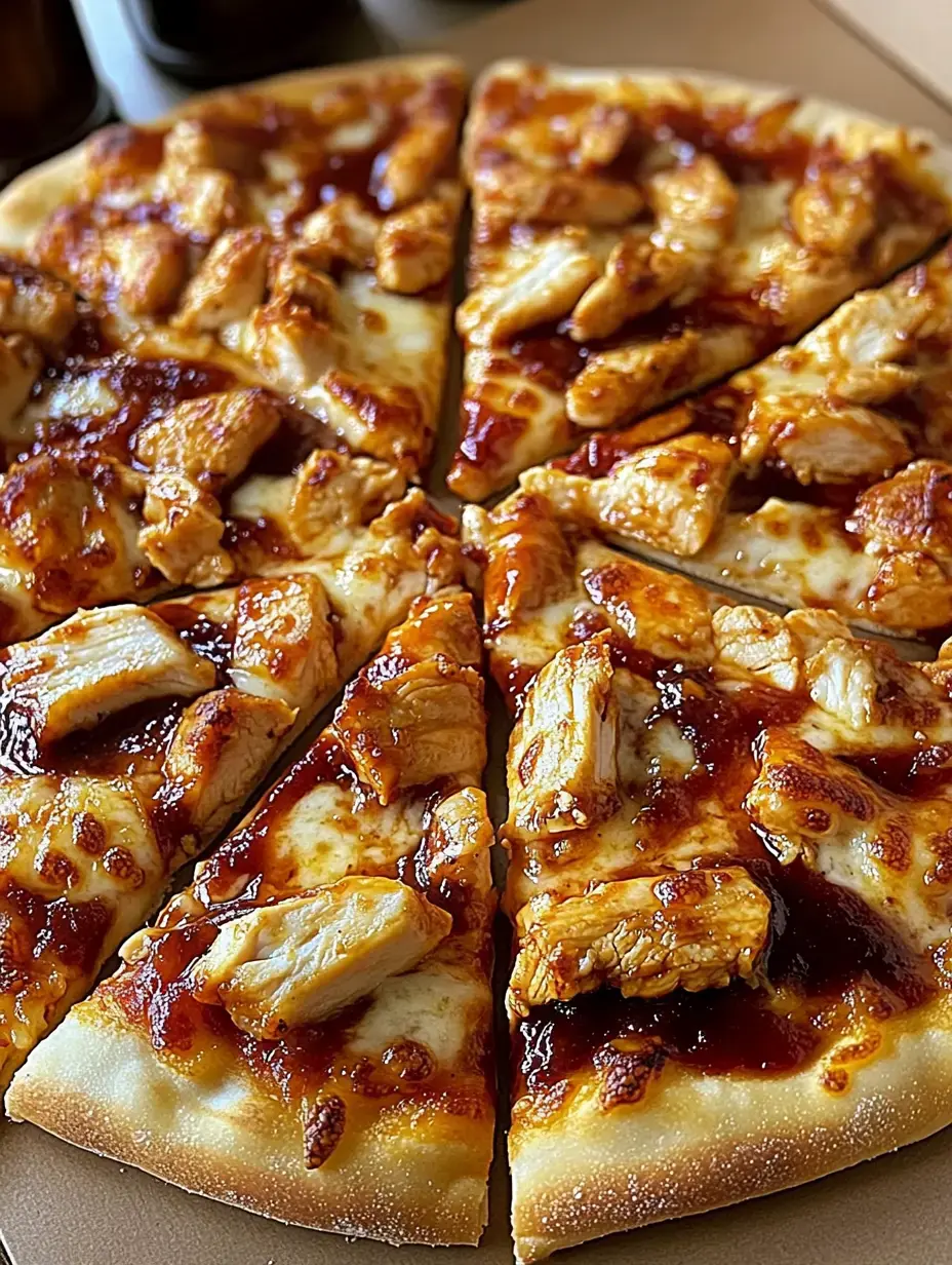 A close-up view of a pizza topped with pieces of grilled chicken and barbecue sauce, sliced into wedges.