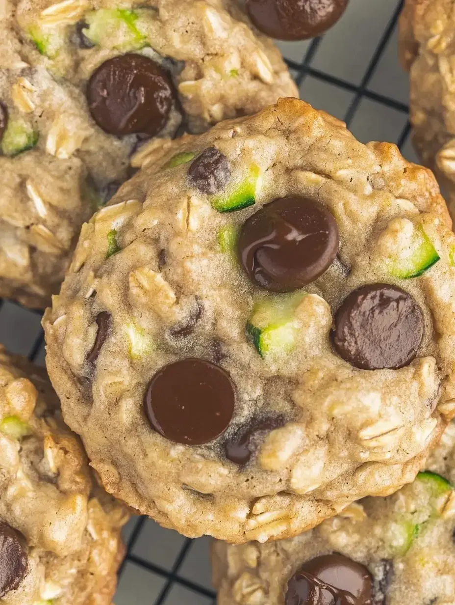 A close-up of oatmeal cookies studded with chocolate chips and bits of green apple, resting on a wire rack.