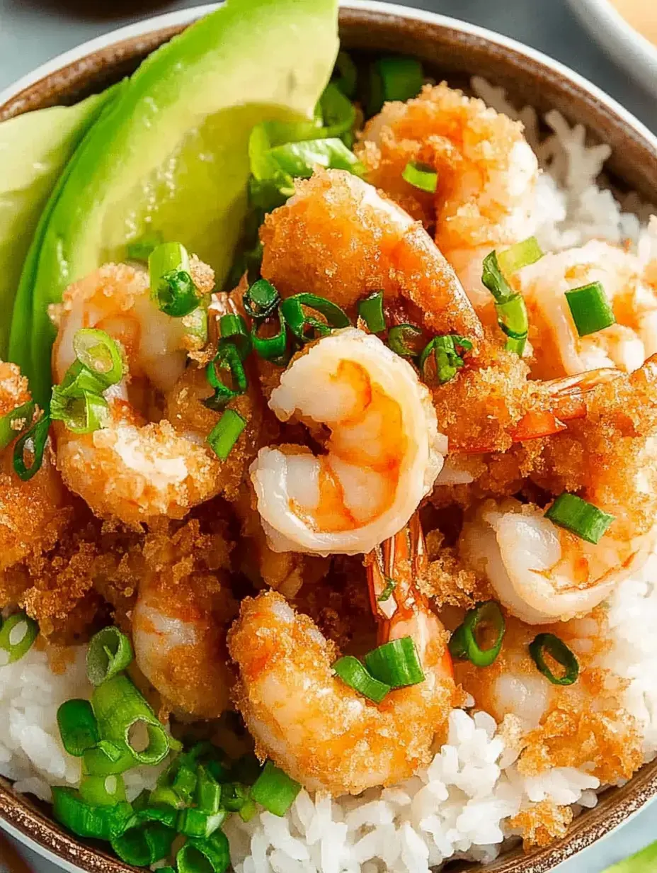 A bowl of fluffy white rice topped with crispy fried shrimp and garnished with green onions and avocado.