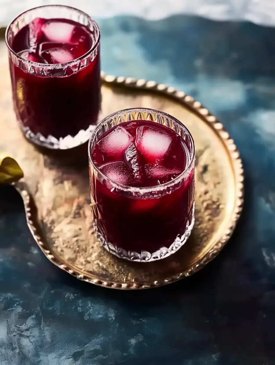 Two crystal glasses filled with a deep red beverage and ice cubes are placed on a decorative gold tray.