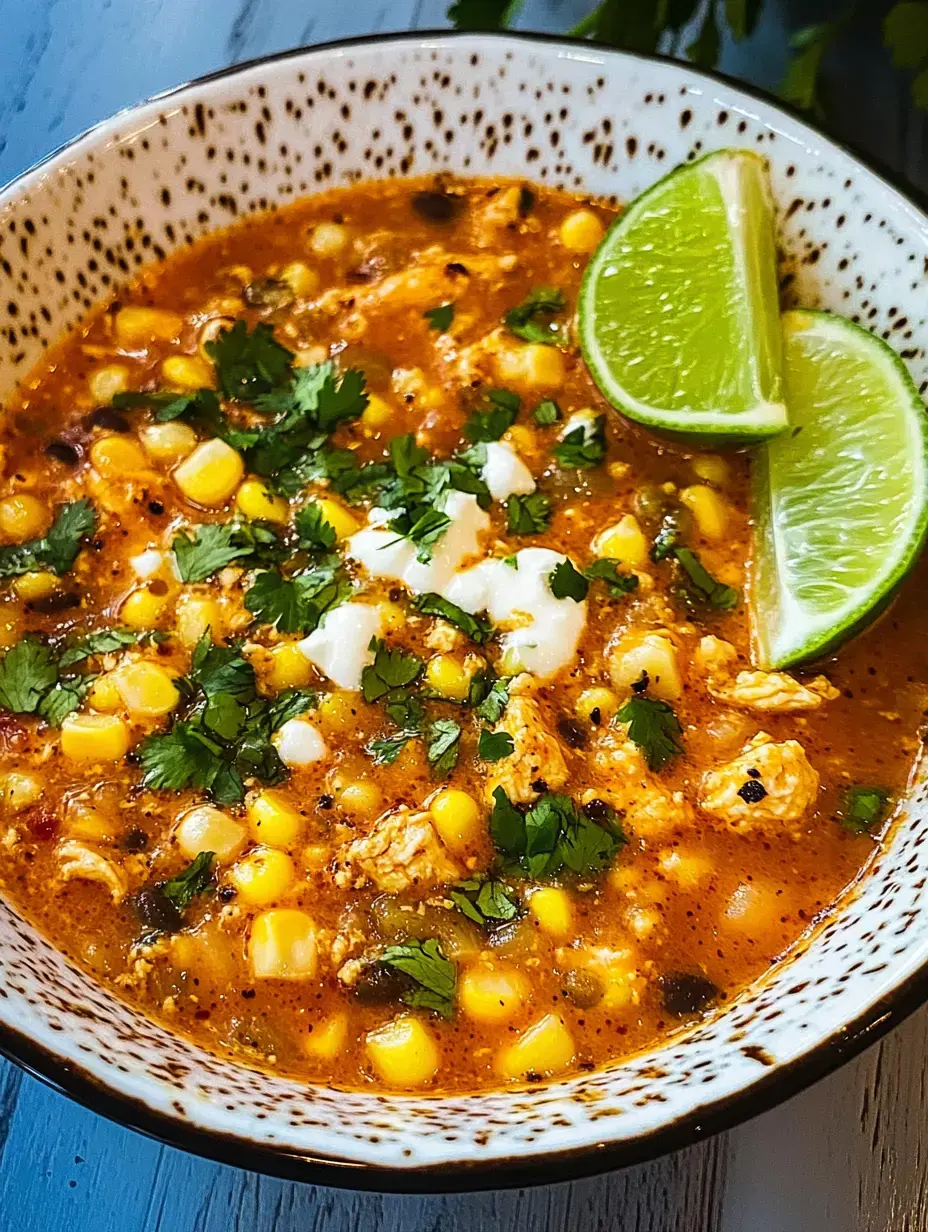 A close-up of a bowl of soup featuring corn, chicken, cilantro, and lime wedges.