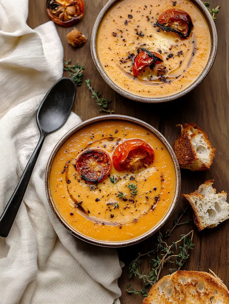 Two bowls of creamy soup topped with roasted tomatoes and herbs, accompanied by pieces of toasted bread, on a wooden surface.