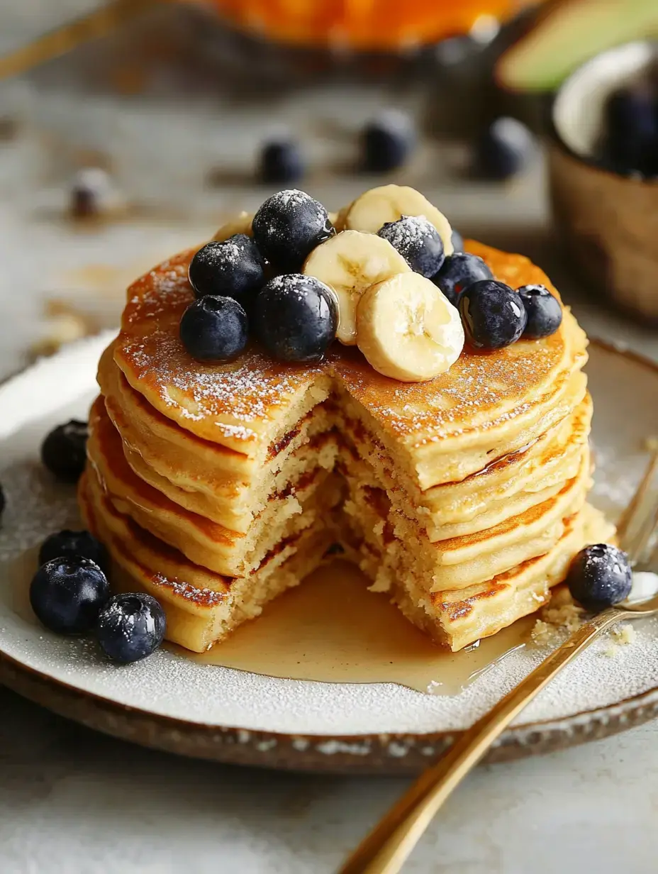 A stack of fluffy pancakes topped with fresh blueberries and banana slices, drizzled with syrup, with one slice cut out on a plate.