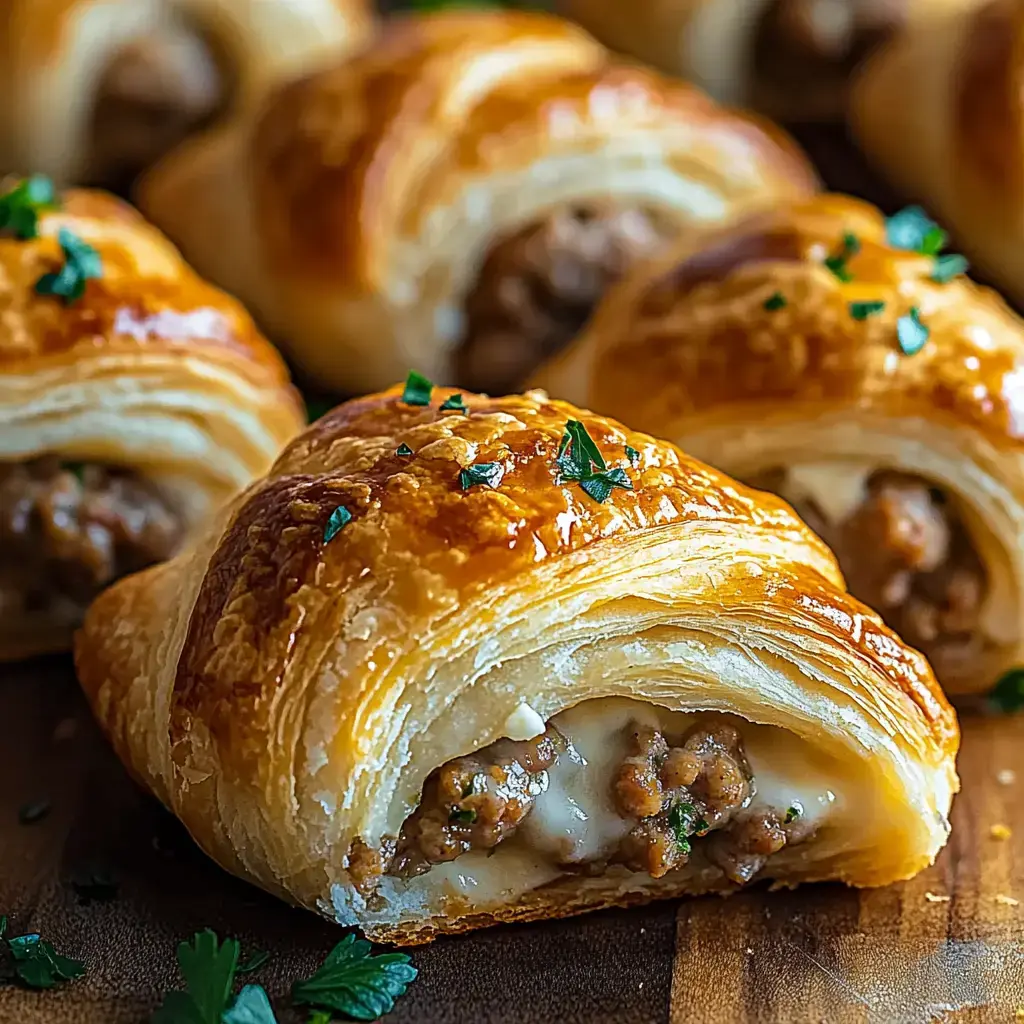 A close-up of golden, flaky pastry rolls filled with meat and cheese, garnished with green herbs.