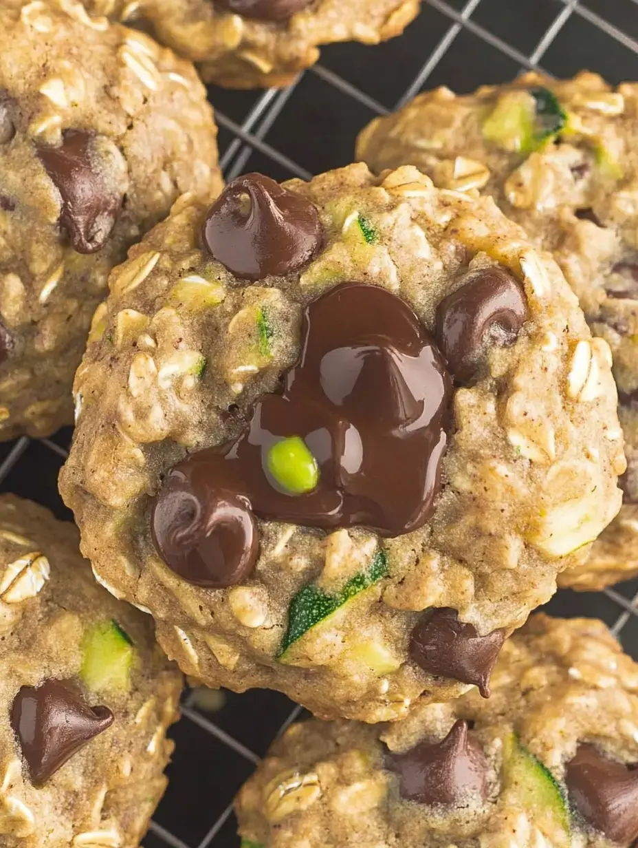 A close-up of freshly baked oatmeal cookies with chocolate chips and green zucchini pieces.