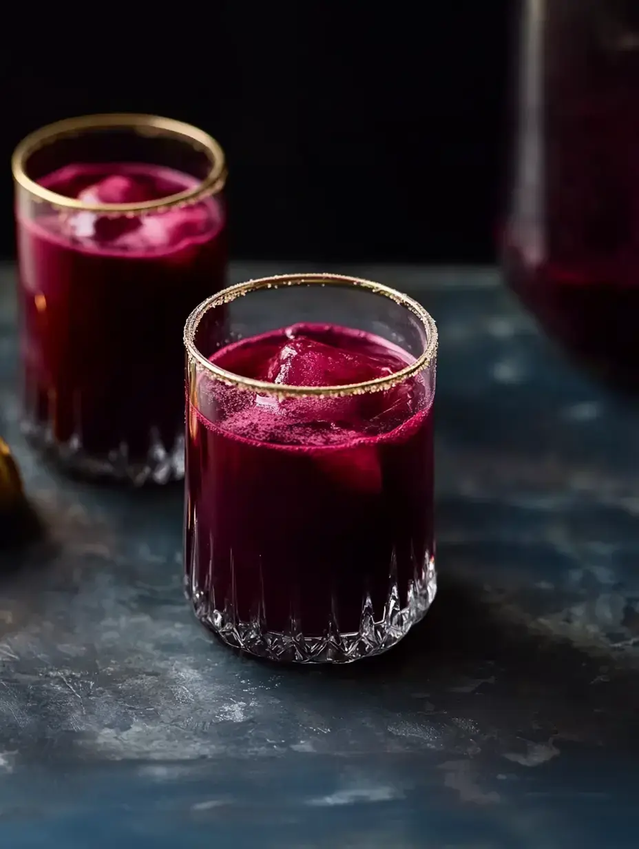 Two glasses filled with deep red beverages sit on a textured dark surface, with one glass featuring a gold rim and ice cubes inside.