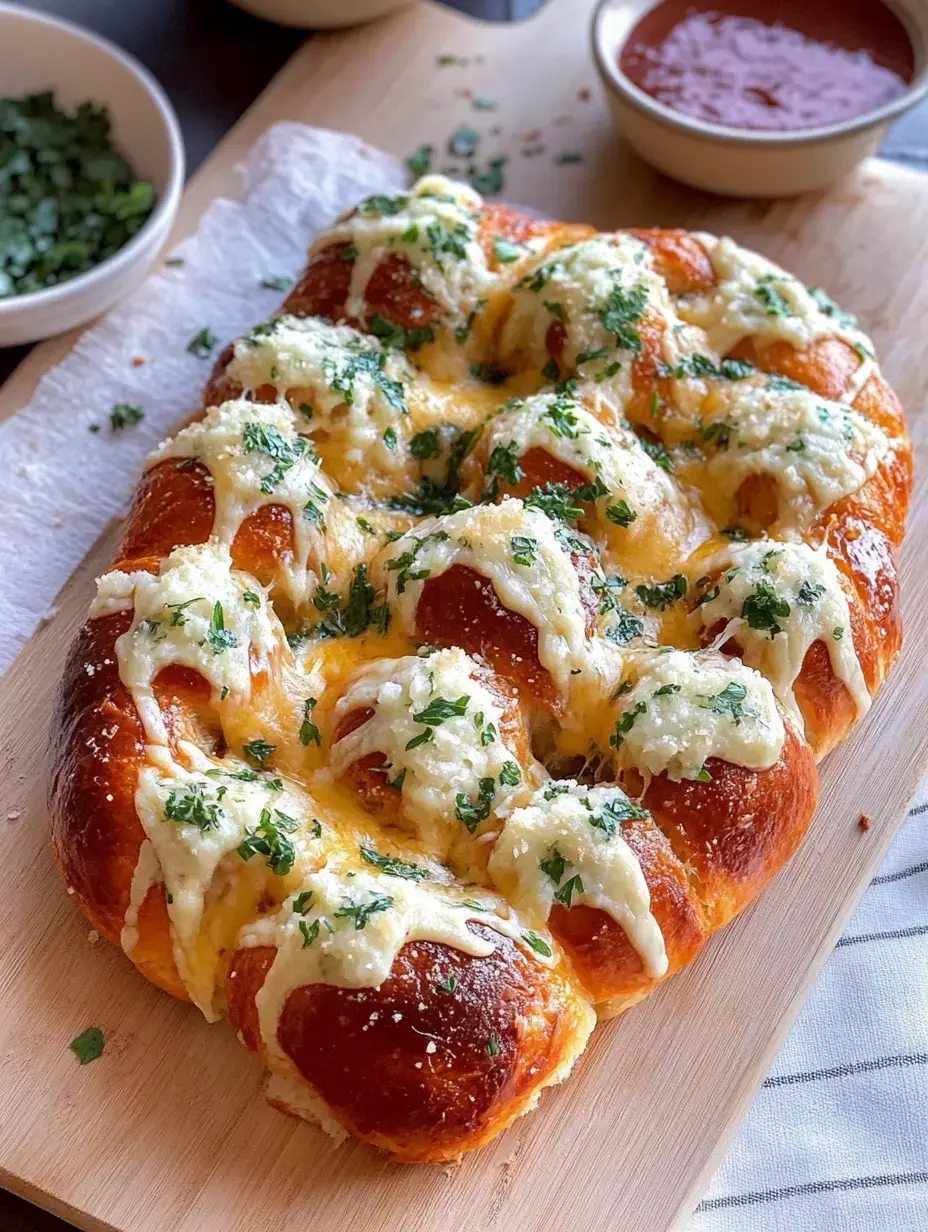 A freshly baked cheesy pull-apart bread topped with herbs, resting on a wooden cutting board, accompanied by bowls of sauce and chopped herbs.