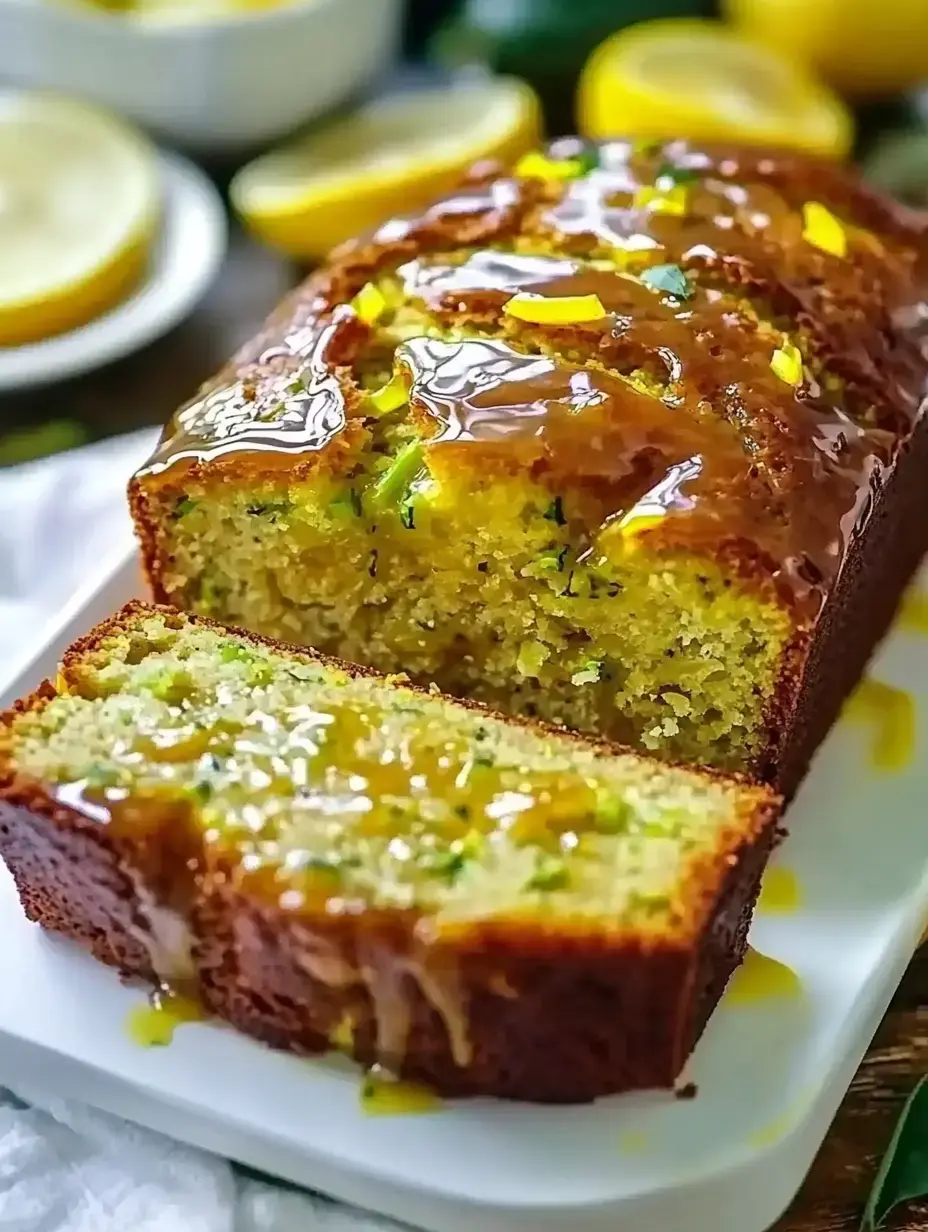 A moist lemon cake topped with a glossy glaze and sprinkled with lemon zest, displayed on a white plate, with a slice cut to reveal its soft interior.