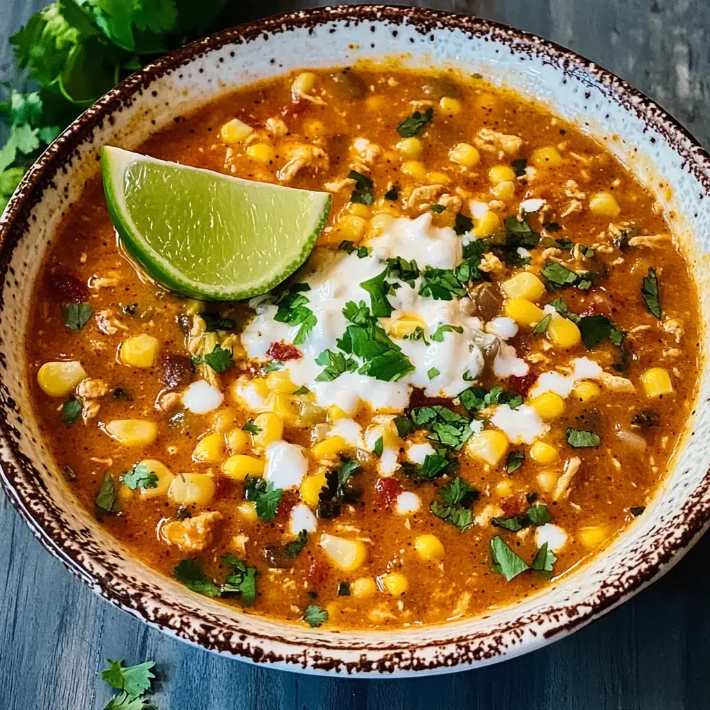 A bowl of hearty soup with corn, shredded chicken, and toppings of cilantro, cream, and a lime wedge.