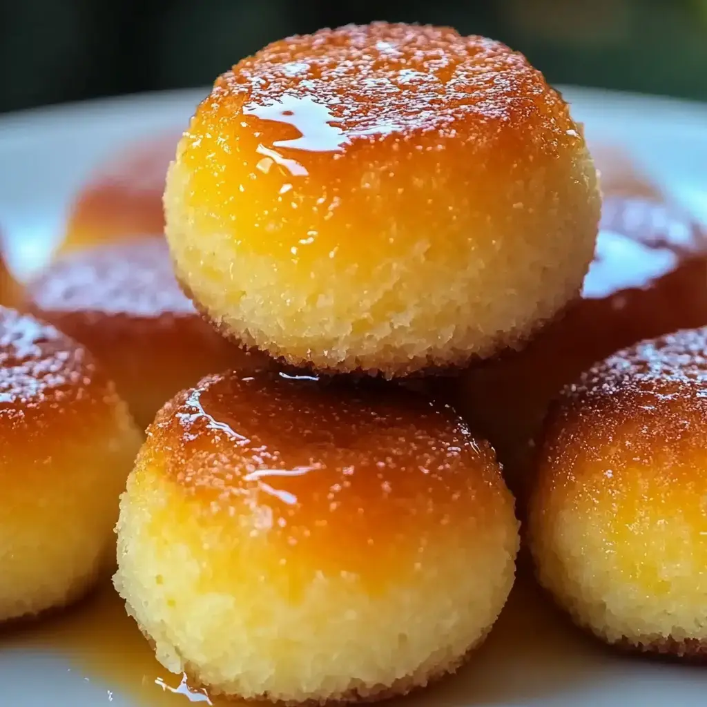 A close-up image of several golden, round dessert cakes drizzled with syrup and arranged on a plate.