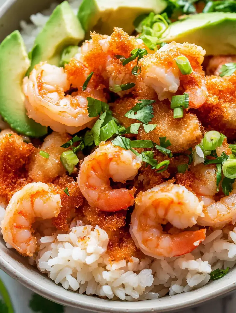 A bowl of white rice topped with shrimp, avocado slices, green onions, and sprinkled with fresh herbs.