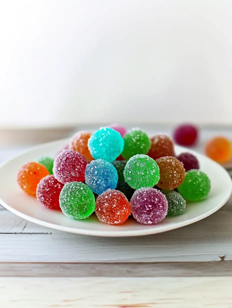 A plate is filled with colorful, sugar-coated gummy candies in various shades.