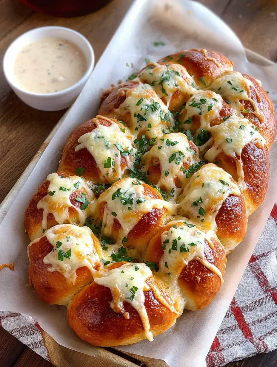 A freshly baked, cheesy pull-apart bread topped with parsley, served with a small bowl of dipping sauce.