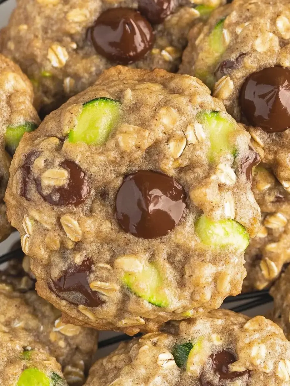 A close-up of oatmeal cookies featuring chocolate chips and green zucchini chunks.