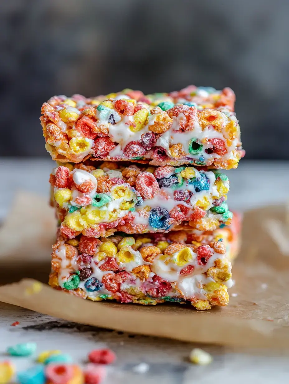 A stack of colorful, fruity rice cereal bars drizzled with white frosting on a parchment paper background.