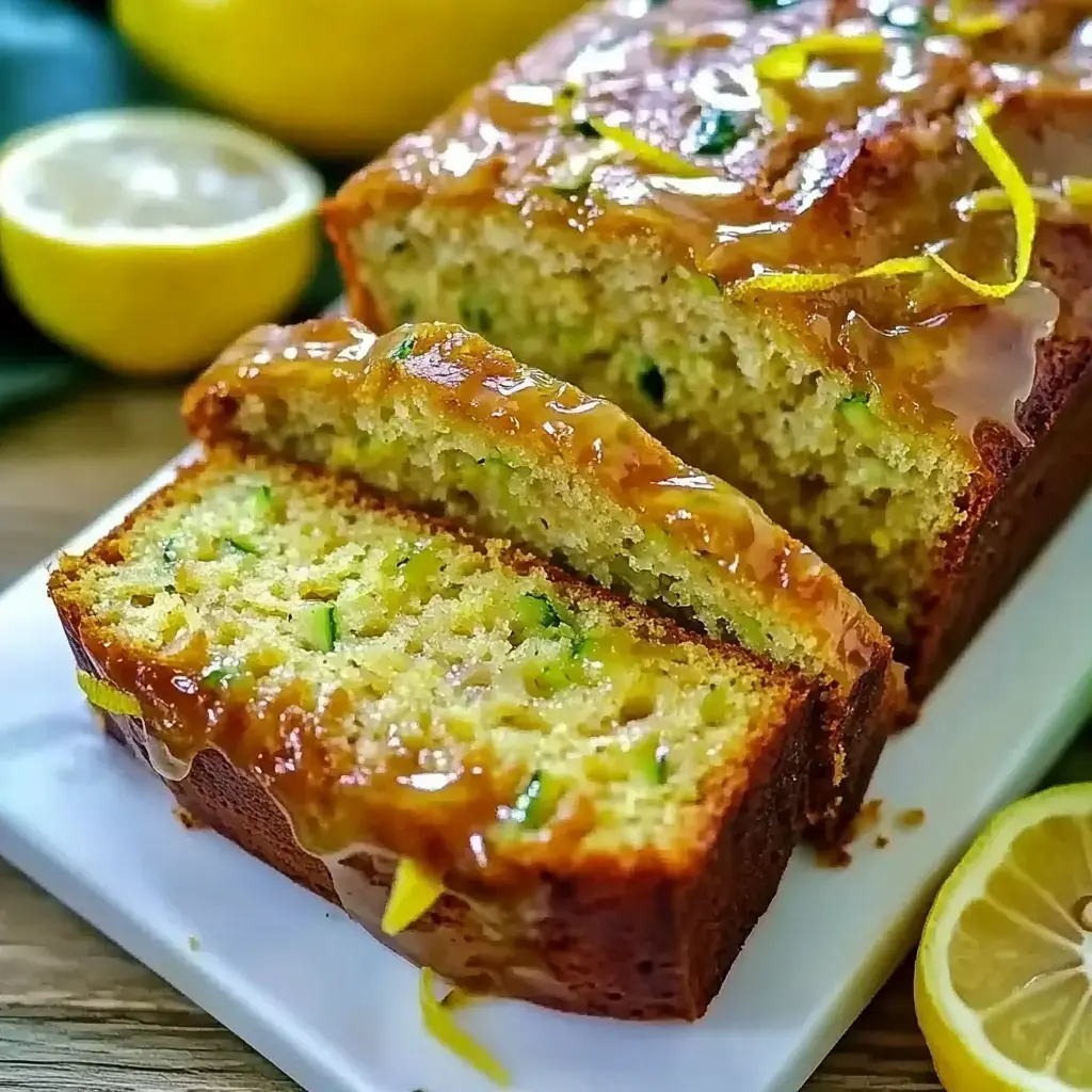 A freshly baked lemon zucchini loaf cake with a glossy glaze and lemon zest on top, accompanied by lemon halves on a wooden surface.