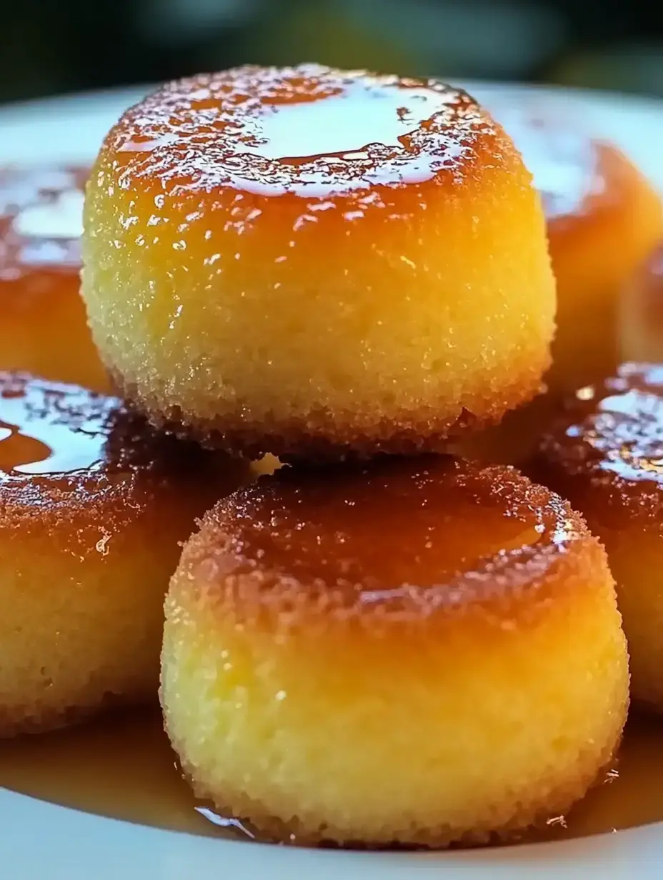 A close-up of golden, round desserts drizzled with syrup on a white plate.