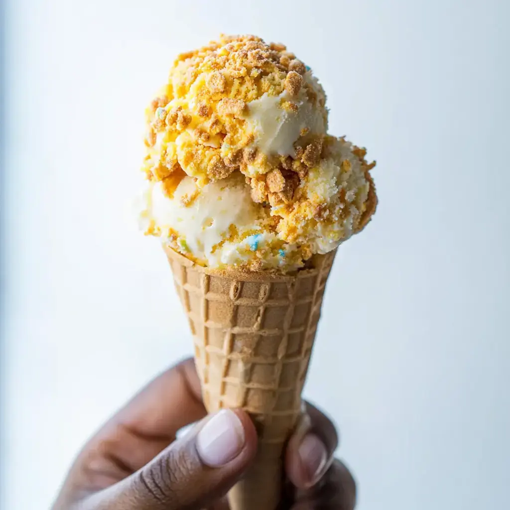 A hand holds a waffle cone filled with two scoops of ice cream topped with crushed cookies.