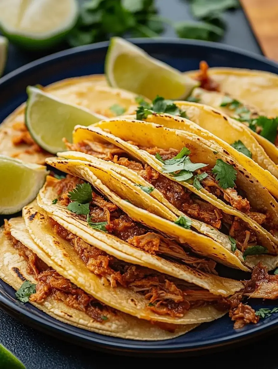 A plate of stacked tacos filled with shredded meat, garnished with cilantro and accompanied by lime wedges.