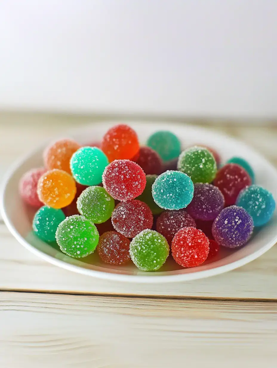 A plate filled with colorful, sugar-coated gummy candies in various shapes and sizes.