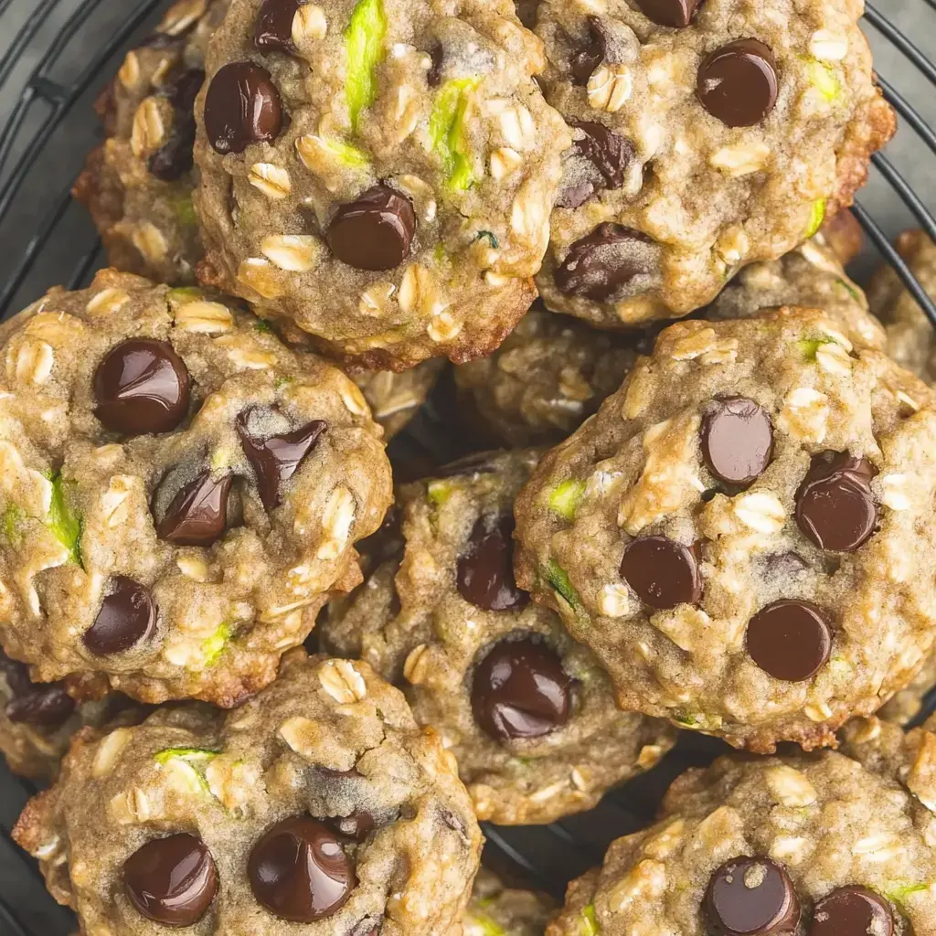 A close-up of freshly baked cookies with chocolate chips and flecks of green zucchini, arranged on a cooling rack.