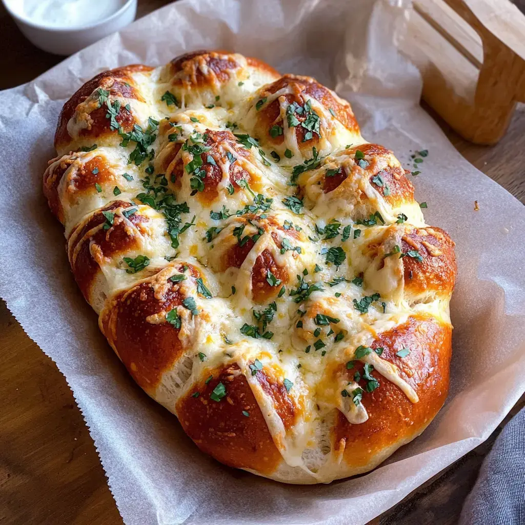 A freshly baked cheese pull-apart bread topped with herbs sits on parchment paper.