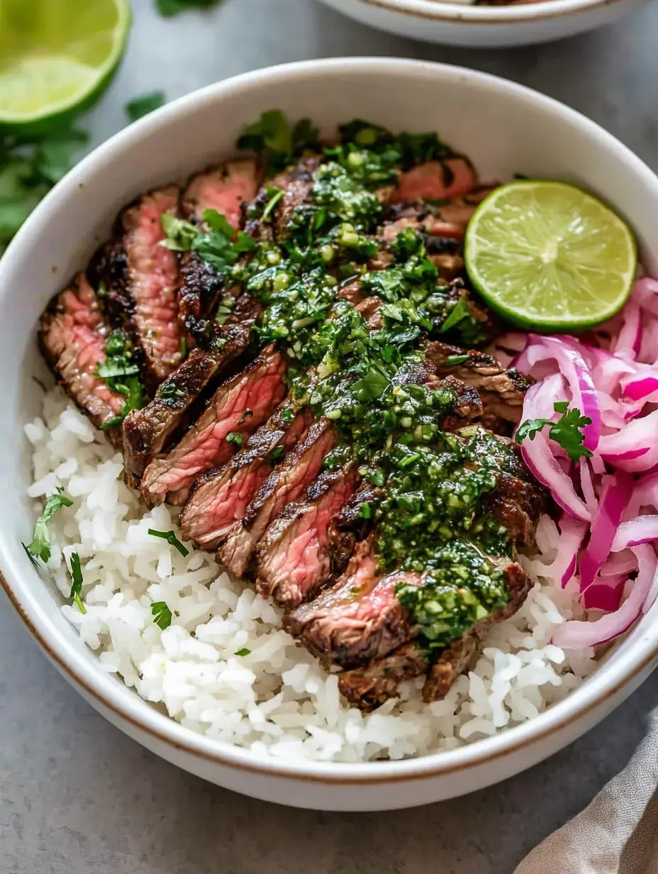 A bowl of sliced grilled steak on a bed of white rice, topped with green sauce, fresh cilantro, pickled onions, and a lime wedge.