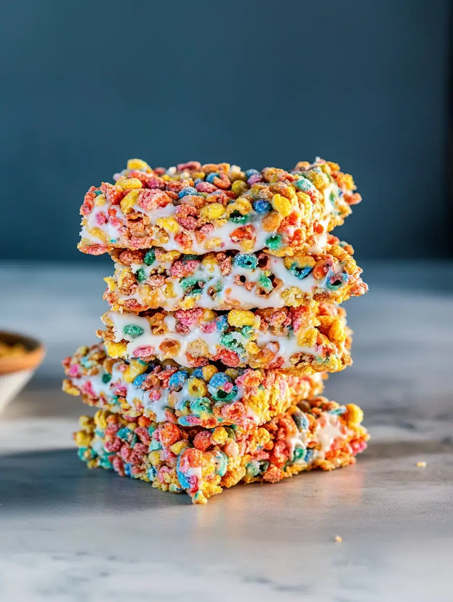 A stack of colorful cereal bars with a glossy coating, placed on a marble surface.