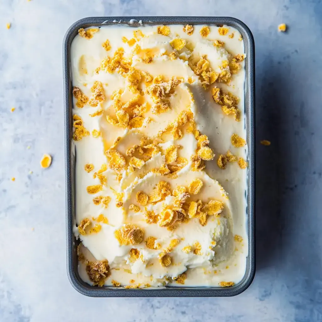 A rectangular container of ice cream topped with crushed cornflakes sits on a light-colored surface.