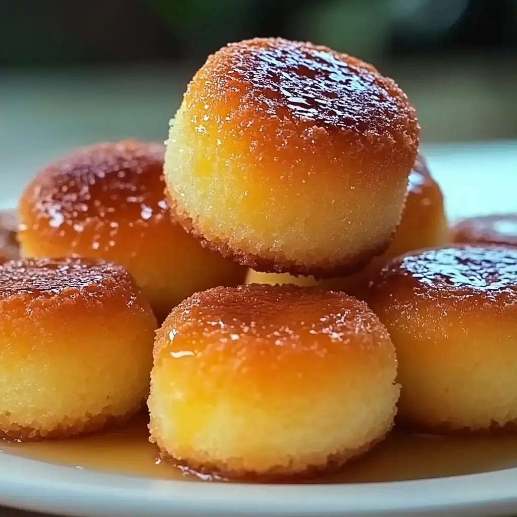 A plate of golden, syrup-glazed mini cakes stacked in a tempting arrangement.