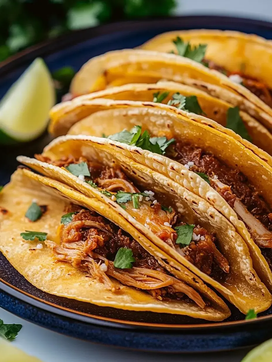 A plate of stacked tacos filled with shredded meat, garnished with cilantro and served with lime wedges.