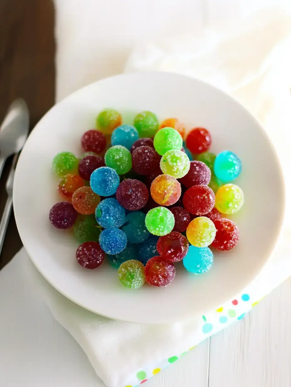 A white plate is filled with a colorful assortment of round, sugary, gelatin candies in various bright hues.