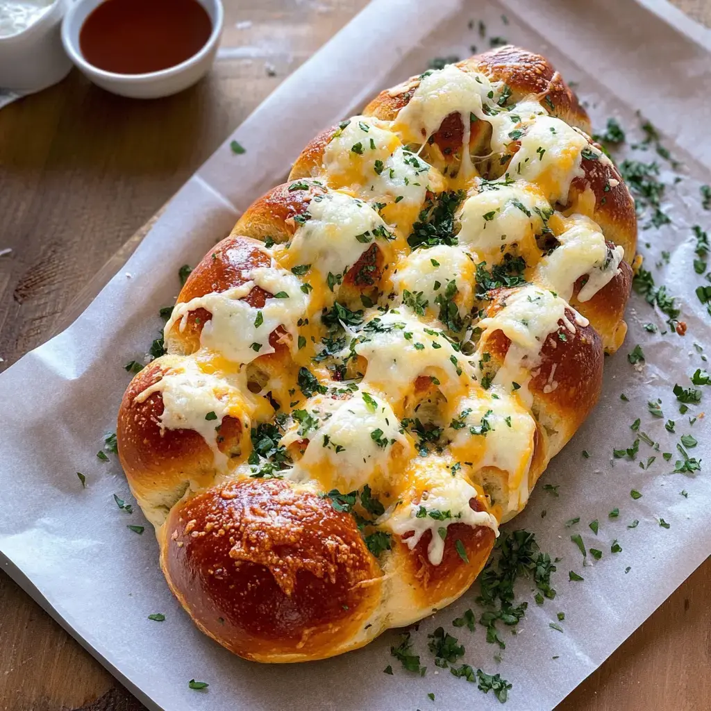 A golden, cheesy bread loaf topped with melted cheese and fresh parsley, sitting on parchment paper with dipping sauces in the background.