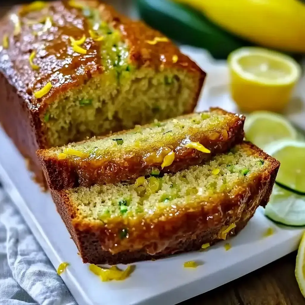 A freshly baked zucchini bread loaf, topped with a glaze and garnished with yellow zest, is sliced and displayed on a white plate, accompanied by citrus slices.