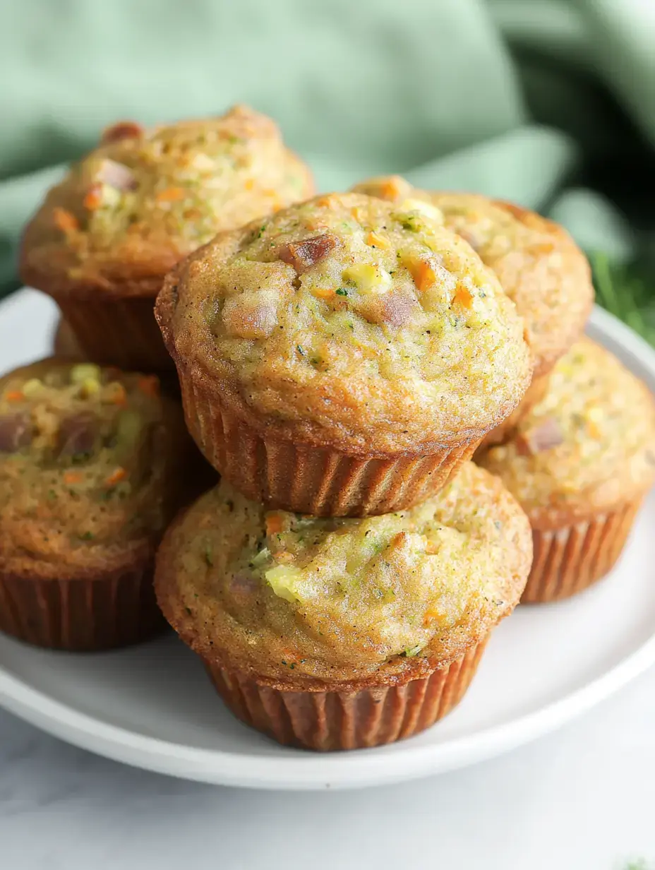 A stack of freshly baked savory muffins made with vegetables, displayed on a white plate.