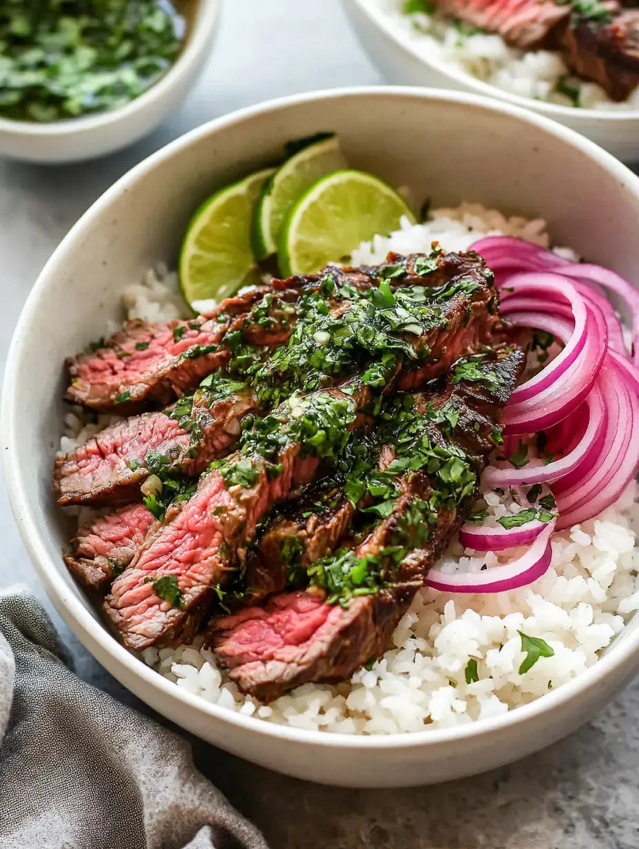 A bowl of rice topped with sliced grilled steak, fresh herbs, pickled red onions, and lime wedges.