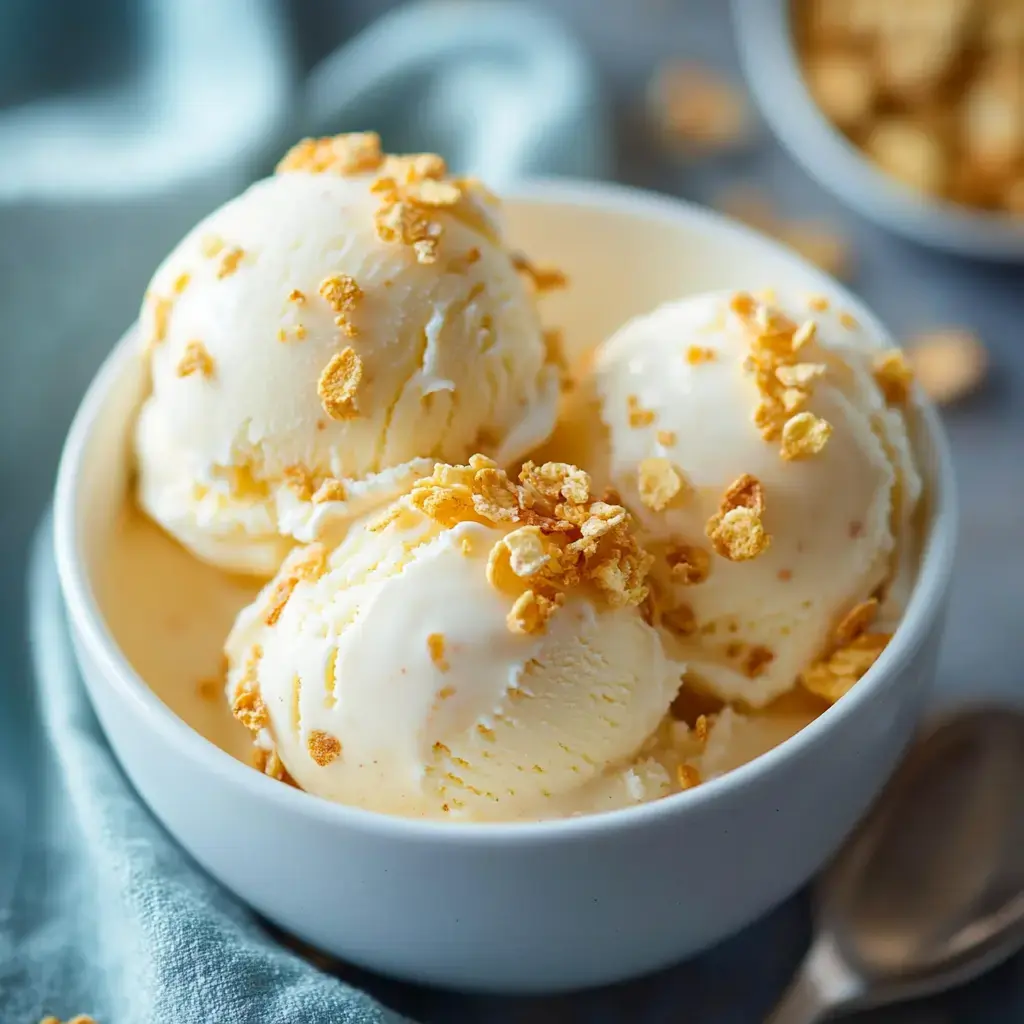 A bowl of vanilla ice cream scoops topped with crunchy golden flakes.