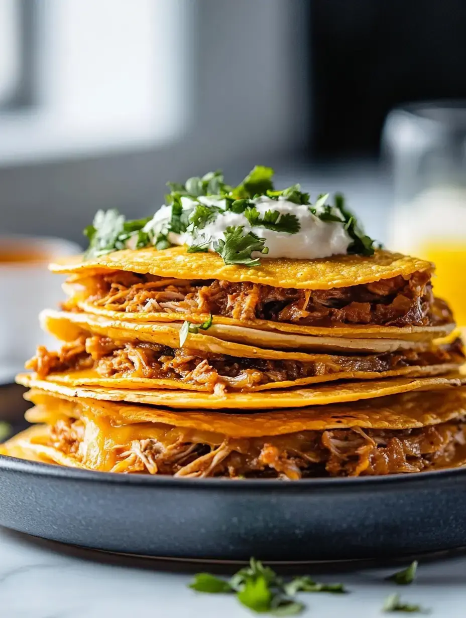 A stack of corn tortillas filled with shredded meat, topped with cilantro and sour cream, served on a black plate.