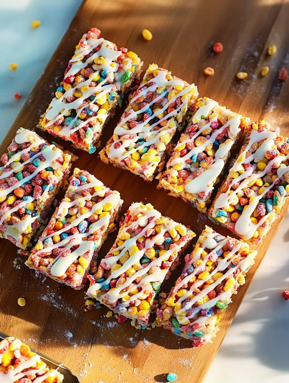 A wooden platter holds several colorful, cereal-covered dessert bars drizzled with white icing.