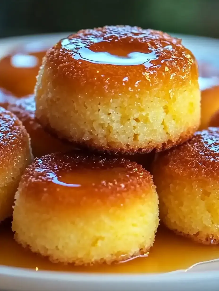 A close-up image of golden-brown mini cakes drizzled with syrup, arranged on a white plate.