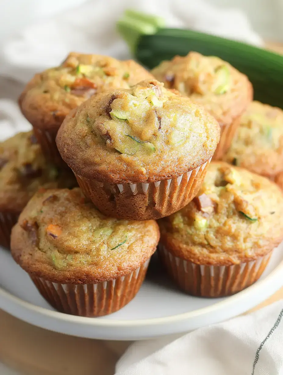 A stack of freshly baked zucchini muffins on a white plate, with a whole zucchini in the background.