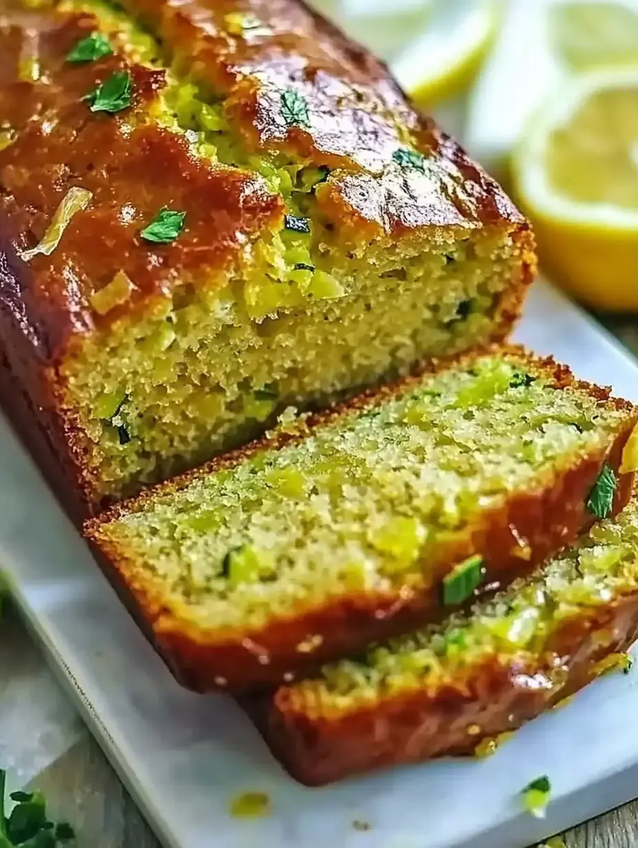 A freshly baked lemon loaf cake, sliced and topped with green zest, is displayed alongside lemon wedges.