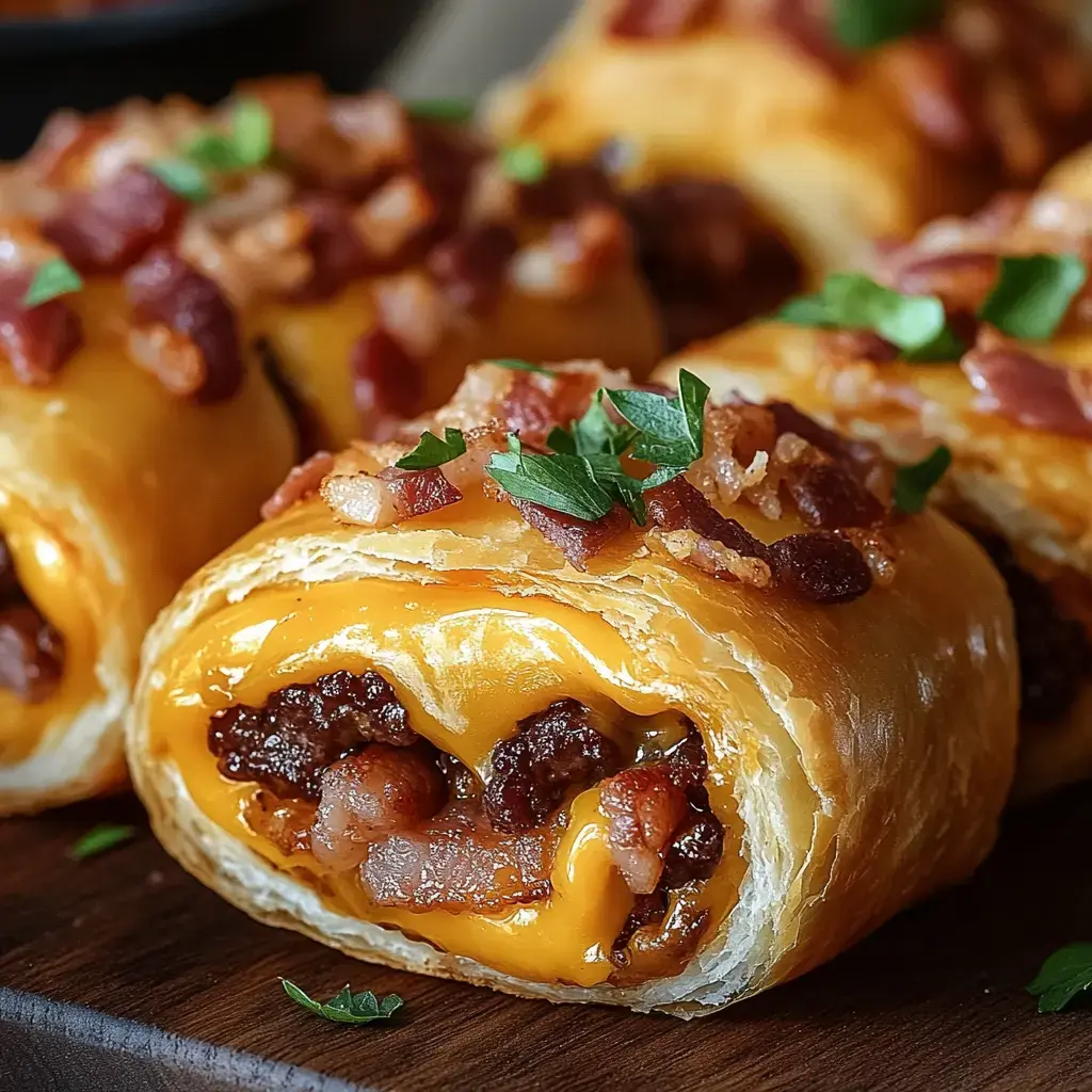 A close-up of savory pastry rolls filled with melted cheese and crumbled bacon, garnished with chopped parsley.