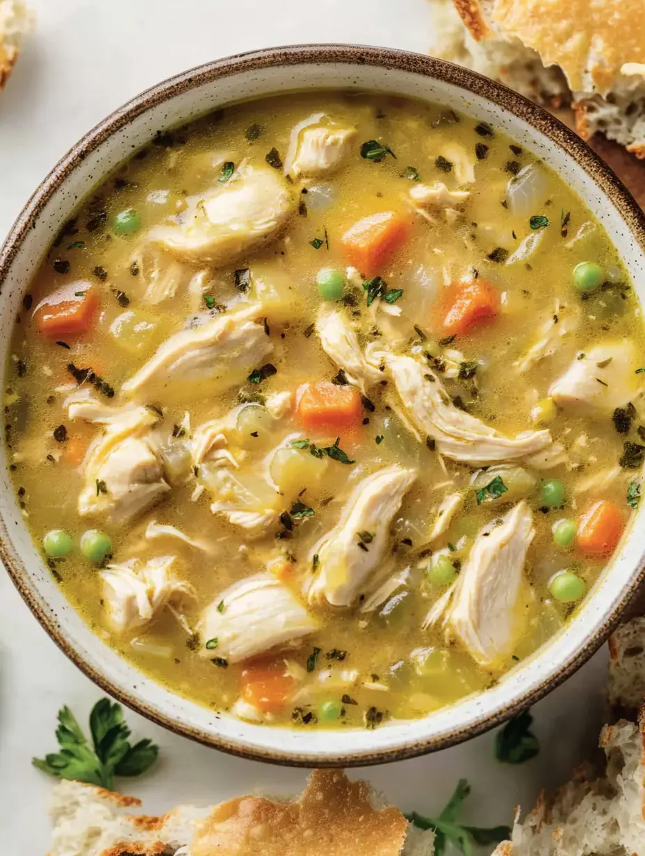 A bowl of chicken soup with shredded chicken, carrots, peas, and herbs, accompanied by pieces of crusty bread.