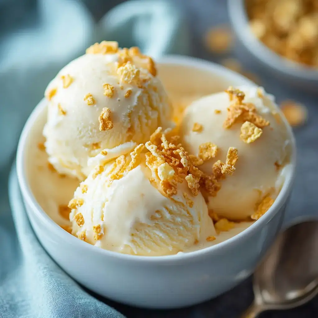 A bowl of ice cream scoops topped with crunchy cereal flakes.